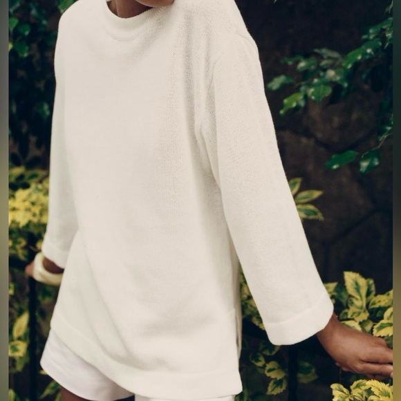 NWT ZARA Women Large White Crew Neck Knit Linen Cotton Blend Sweater Side Slit - Picture 2 of 5